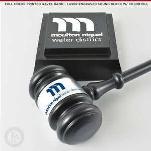 10-1/2" Ebony Finish Presentation Gavel & Sound Block Set - Full Color Printed Band- Laser Engraved Sound Block with Color Fill