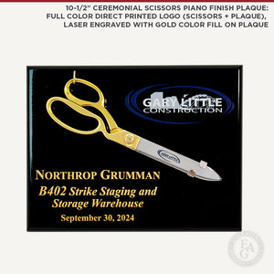 10-1/2" Ceremonial Scissors Piano Finish Plaque: Full Color Direct Printed Logo (Scissors and Plaque), Laser Engraving with Gold Color Fill on Plaque