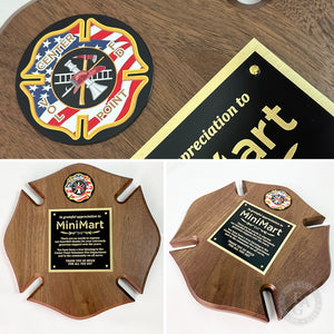 10" x 10" Genuine Walnut Engraved Firefighter Maltese Cross Plaque Award