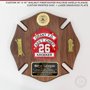 Custom 14" x 14" Walnut Firefighter Maltese Shield Plaque: Custom Printed Disc + Laser Engraved Plate