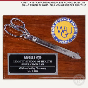 Custom 15" Chrome Plated Ceremonial Scissors Piano Finish Plaque: Full Color Direct Printing on Plaque, Laser Engraving on Plate and Blades