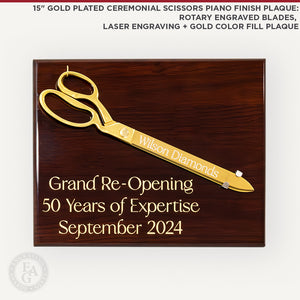 15" Gold Plated Ceremonial Scissors Piano Finish Plaque: Rotary Engraved Blades on Scissors, Laser Engraved and Gold Color Fill on Plaque