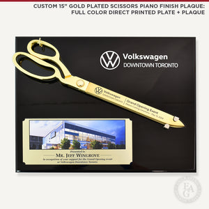 Custom 15" Gold Plated Ceremonial Scissors with Black Piano Finish Plaque - Full Color Direct Printing on Plate and Plaque