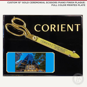 Custom 15" Gold Ceremonial Scissors Piano Finish Plaque: Full Color Printed Plate
