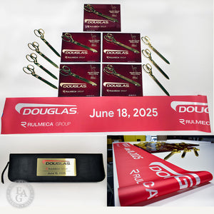 15" Gold Plated Scissors, 12" Custom Printed Ribbon, Presentation Case, and Piano Finish Scissors Plaques