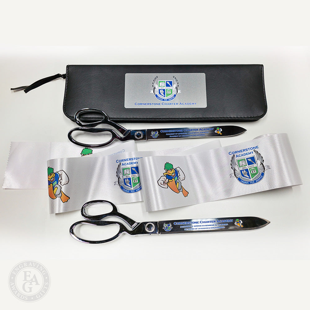 15" Chrome Scissors with Full Color Printing, Presentation Case with Printed Plate, Full Color Custom Printed 4" Ribbon