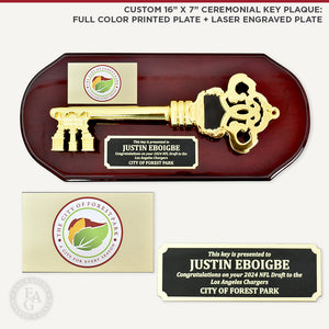 Custom 16" x 7" Ceremonial Key Plaque wtih Full Color Printed Plate and Laser Engraved Plate