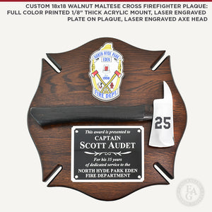 Custom 18x18 Walnut Maltese Cross Firefighter Plaque: Full Color Printed 1/8" Thich Acrylic Mount, Laser Engraved Plate, Laser Engraved Axe Head