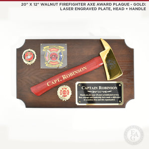 20" x 12" Walnut Firefighter Axe Award Plaque - Gold: Laser Engraved Plate, Head and Handle