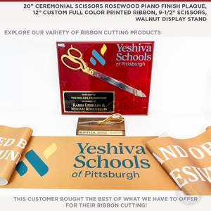 20" Ceremonial Scissors Rosewood Piano Finish Plaque, 12" Custom Full Color Printed Ribbon, 9-1/2" Scissors and Walnut Display Stand. Explore Our Variety of Ribbon Cutting Products.