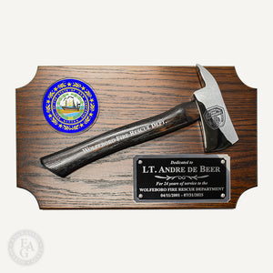 20" x 12" Walnut Award Plaque with Small Chrome Axe. Laser Engraved head and handle. Full Color Printed state seal on acrylic mount. Laser Engraved Plate.