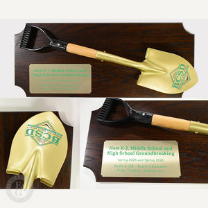 28" x 12" Walnut Plaque with Small Gold Painted Shovel. Full Color Vinyl Applique on Spade. Color printing on plate.