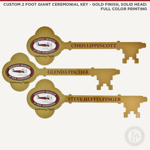 Custom 2 Foot Giant Ceremonial Key to the City - Gold Finish with Solid Head - Full Color Printed
