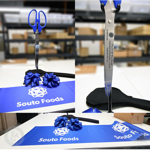 36" Blue Handle Scissors with Silver Blades, Stand, Bows, 18" Full Color Printed Ribbon, and Scissors Carrying Case