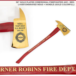 36" Gold Plated Ceremonial Firefighter Axe - Red: Laser Engraved Head + Handle (Gold Color Fill)