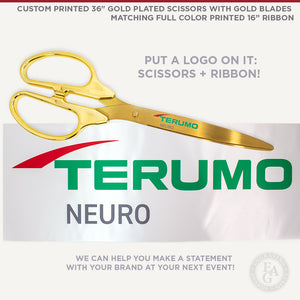 Custom Printed 36" Gold Plated Scissors with Gold Blades, Matching Full Color Printed 16" Ribbon. Put A Logo On It! We can help you make a statement with your brand at your next event!