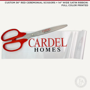 14" Wide Satin Ribbon with Full Color Printed Logo. Matching 36" Red Ceremonial Scissors.