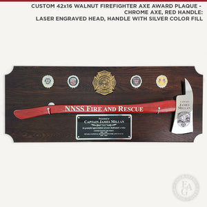 Custom 42x16 Walnut Firefighter Axe Award Plaque - Chrome Axe with Red Handle. Custom Laser Engraved Axe Head, Plate, and Axe Handle. The red handle features silver color fill.