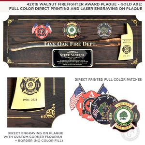 42x16 Walnut Firefighter Award Plaque with Gold Axe: Full Color Direct Printing on Plaque, Fire Department Patches, and Laser Engraving on Plaque with Custom Corner Flourish and Border