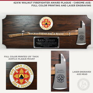 42x16 Walnut Firefighter Award Plaque - Chrome Axe: Full Color Printing and Laser Engraving