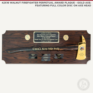 42x16 Walnut Firefighter Perpetual Award Plaque  with Gold Axe, Featuring Full Color Disc on Axe Head