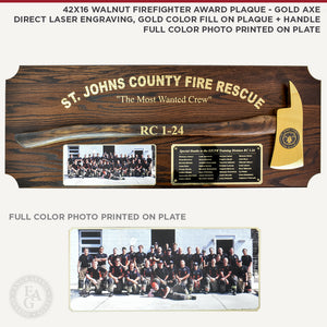 Custom 42x16 Walnut Firefighter Award Plaque with Gold Axe, Direct Laser Engraving, Gold Color Fill on Plaque and Handle, Full Color Photo on Plate