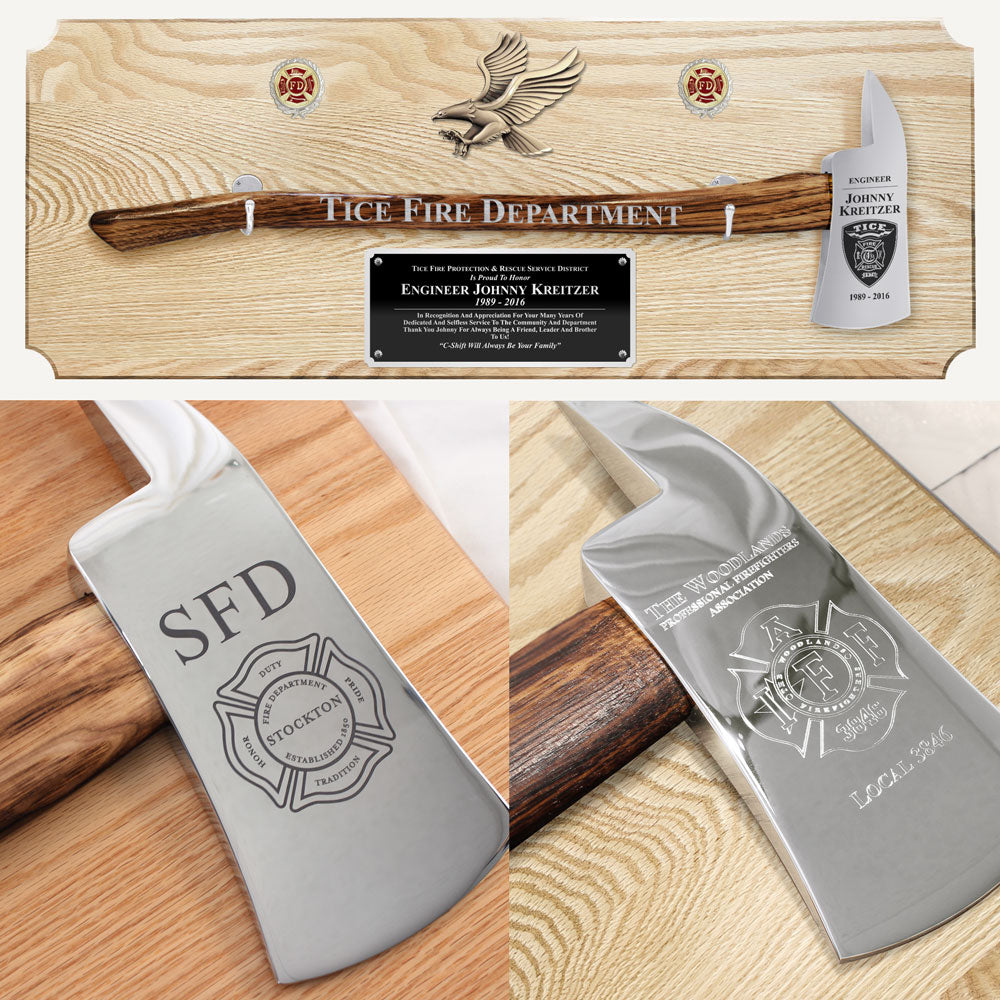 42x16 Oak Firefighter Award Plaque - Chrome Axe - Engraving