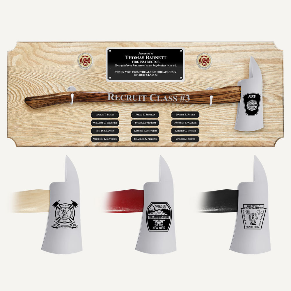 42x16 Oak Firefighter Perpetual Award Plaque - Chrome Axe