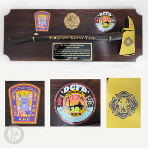 42" x 16" Walnut Firefighter Plaque Award with Gold Axe, Full Color Acrylic Mounts, Laser Engraved Axe Head and Plate.