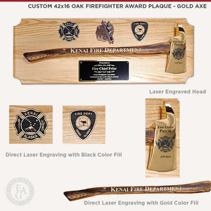 Custom 42x16 Oak Firefighter Award Plaque - Gold Axe, Actual customer's plaque showing the special personalizations