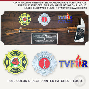 42x16in Walnut Firefighter Award Plaque with Chrome Axe. Full Color Printed Plaque, Laser Engraved Plate, Rotary Engraved Head