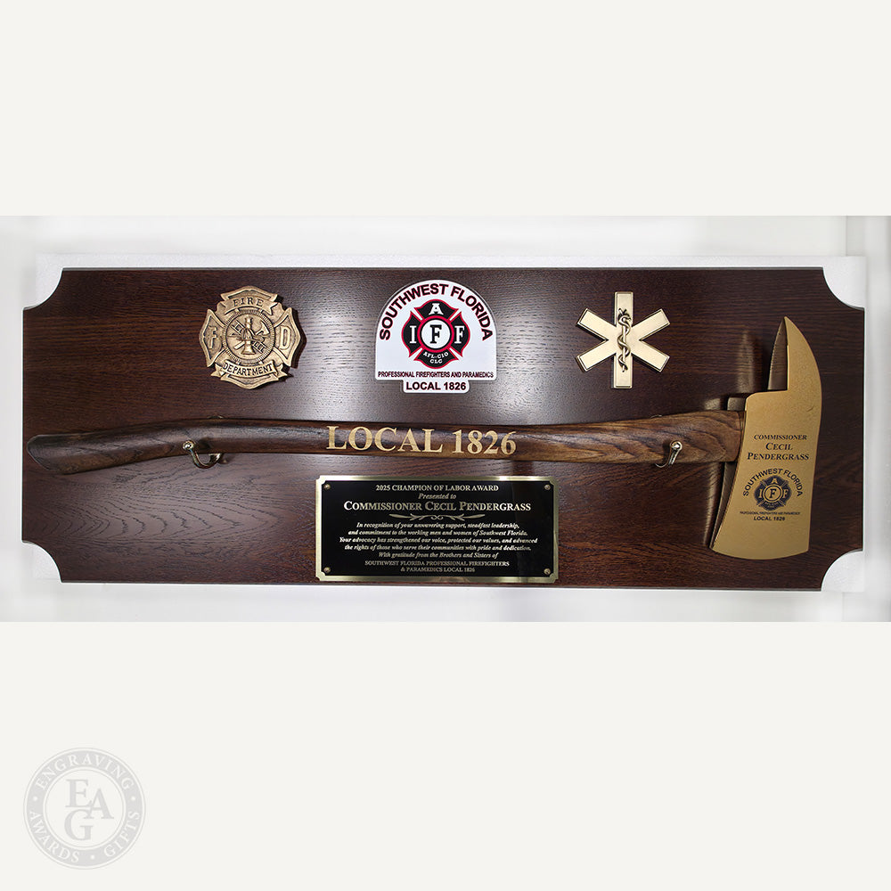 42x16 Walnut Firefighter Award Plaque - Gold Axe - Engraving