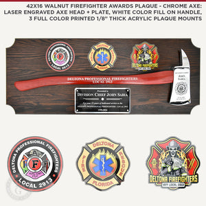 42x16 Walnut Firefighter Awards Plaque - Chrome Axe: Laser Engraved Axe Head + Plate, White Color Fill on Handle, 3 Full Color Printed 1/8" Thick Acrylic Plaque Mounts