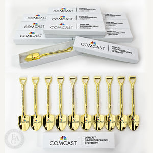 5-1/4" Gold Miniature Shovels with Gift Boxes. Full color printing on both shovels and boxes.