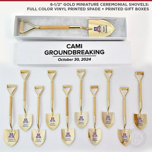 8-1/2" Gold Miniature Ceremonial Shovels - Full Color Vinyl Printed Spade + Printed Gift Boxes