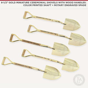 8-1/2" Gold Miniature Ceremonial Shovels with Wood Handles: Color Printed Shaft and Rotary Engraved Spade