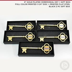 8" Gold Plated Ceremonial Key + Gift Box: Full Color Printed 1-1/4" Disc + Printed Flat Stem, Black 2 PC Gift Box