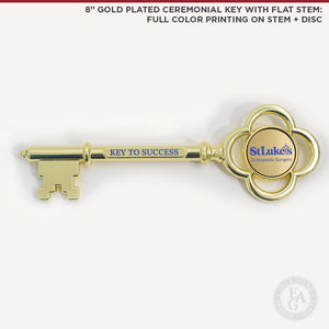 8" Gold Plated Ceremonial Key with Flat Stem: Full Color Printing on Stem + Disc