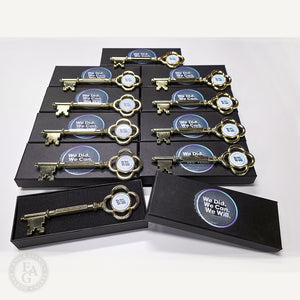 8" Gold Key with Flat Stem - Printed Stem, Full Color Printed Disc, Full Color Printed Black Gift Boxes