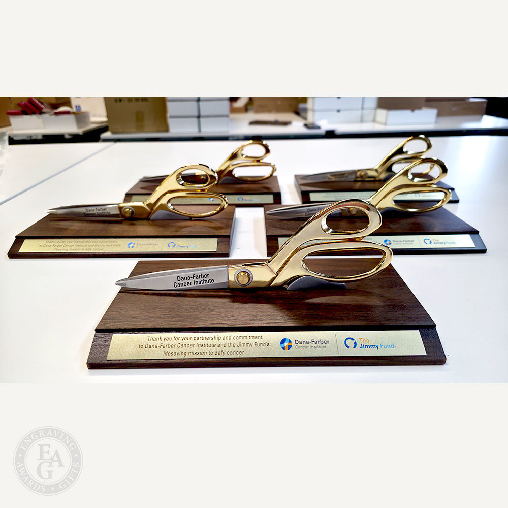 9-1/2" scissors with laser engraved blades. horizontal ceremonial scissors display stands.