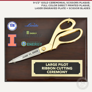 Custom 9-1/2" Gold Ceremonial Scissors Plaque: Full Color Direct Printed Plaque, Laser Engraved Plate + Scissors Blades