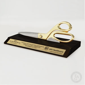 9.5" Ceremonial Scissors Horizontal Display Stand with Gold Scissors and Gold Laser Engraved Plate