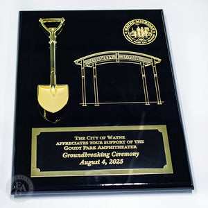 9" x 12" Miniature Shovel Plaque with Black Piano Finish. Laser Engraved Plate, Laser Engraving with Gold Color Fill on Plaque
