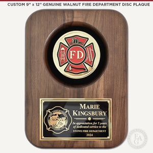 Custom 9" x 12" Genuine Walnut Fire Department Disc Plaque