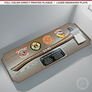 42x16 Walnut Firefighter Award Plaque - Chrome Axe