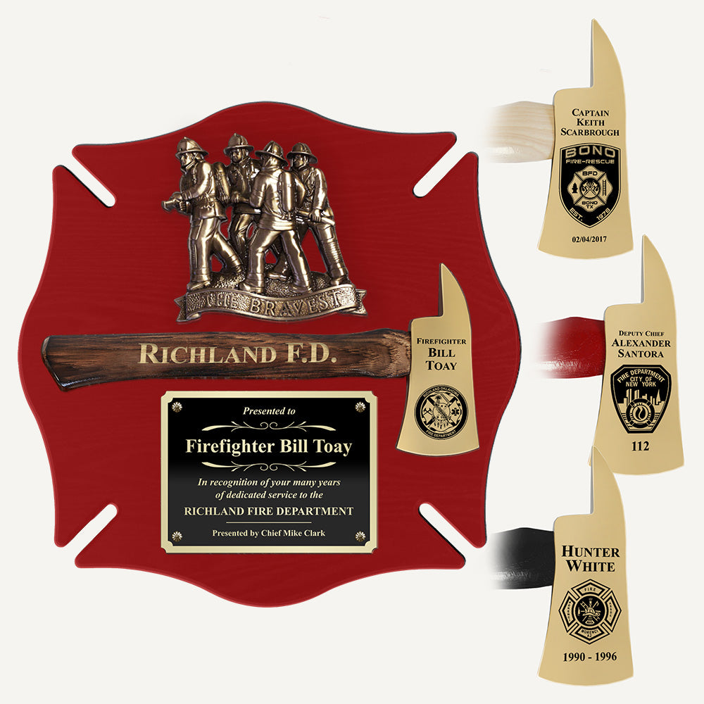 18x18 Red Maltese Cross Firefighter Plaque - Gold Axe - Engraving