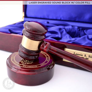 Rosewood Gavel & Sound Block Presentation Set - Laser Engraved Sound Block w/ Color Fill - Custom Name Plate