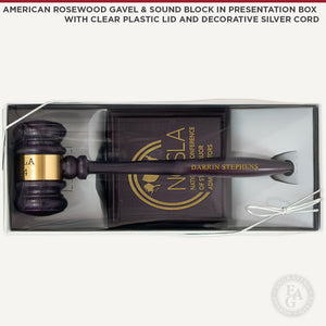 American Rosewood Gavel & Sound Block in Presentation Box with Clear Plastic Lid and Decorative Silver Cord