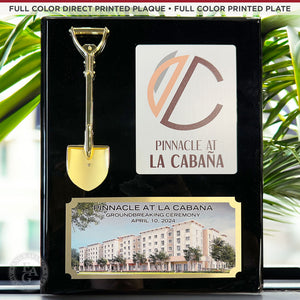 Black Piano Finish 9" x 12" Miniature Vertical Shovel Plaque - Full Color Direct Printed Plaque, Full Color Printed Brushed Gold Plate