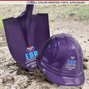 Custom Painted Shovel and Flat Front Hard Hat - Full Color Printed Vinyl Appliques